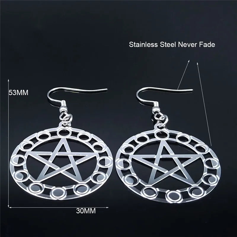 Witchcraft Pentagram Stainless Steel Drop Earrings - Moon Phase Women’s Jewelry