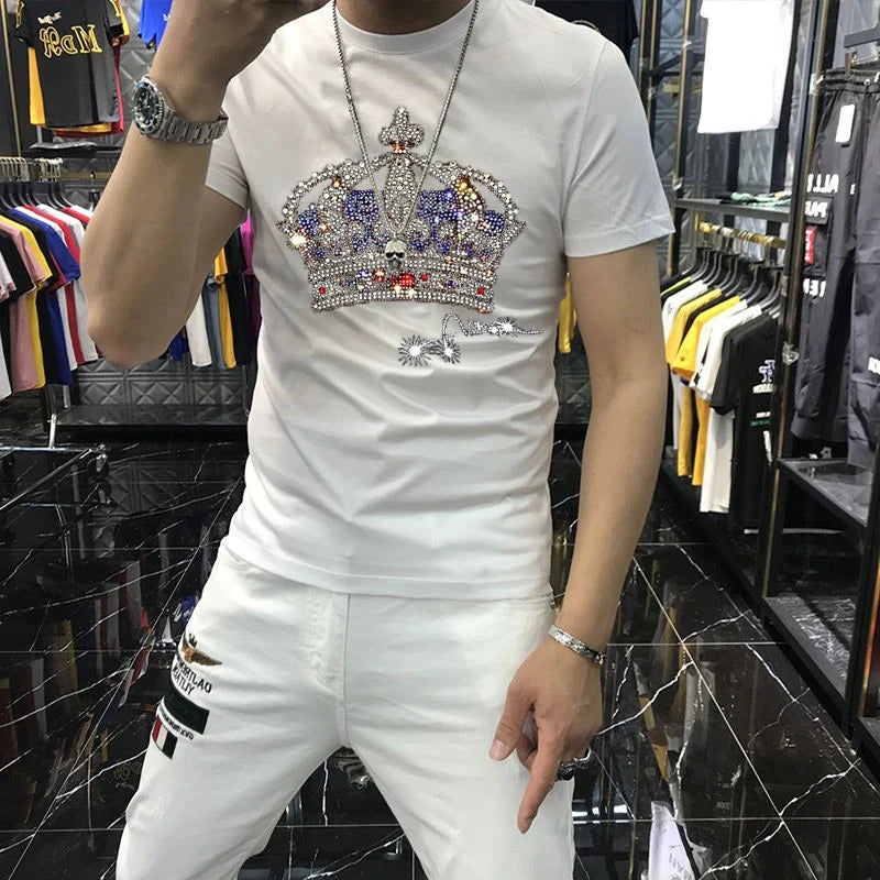 Korean Men's Handsome T-Shirt - Luxury Brand Big Crown Hot Diamond Oversized Short-Sleeve Plus Size Top