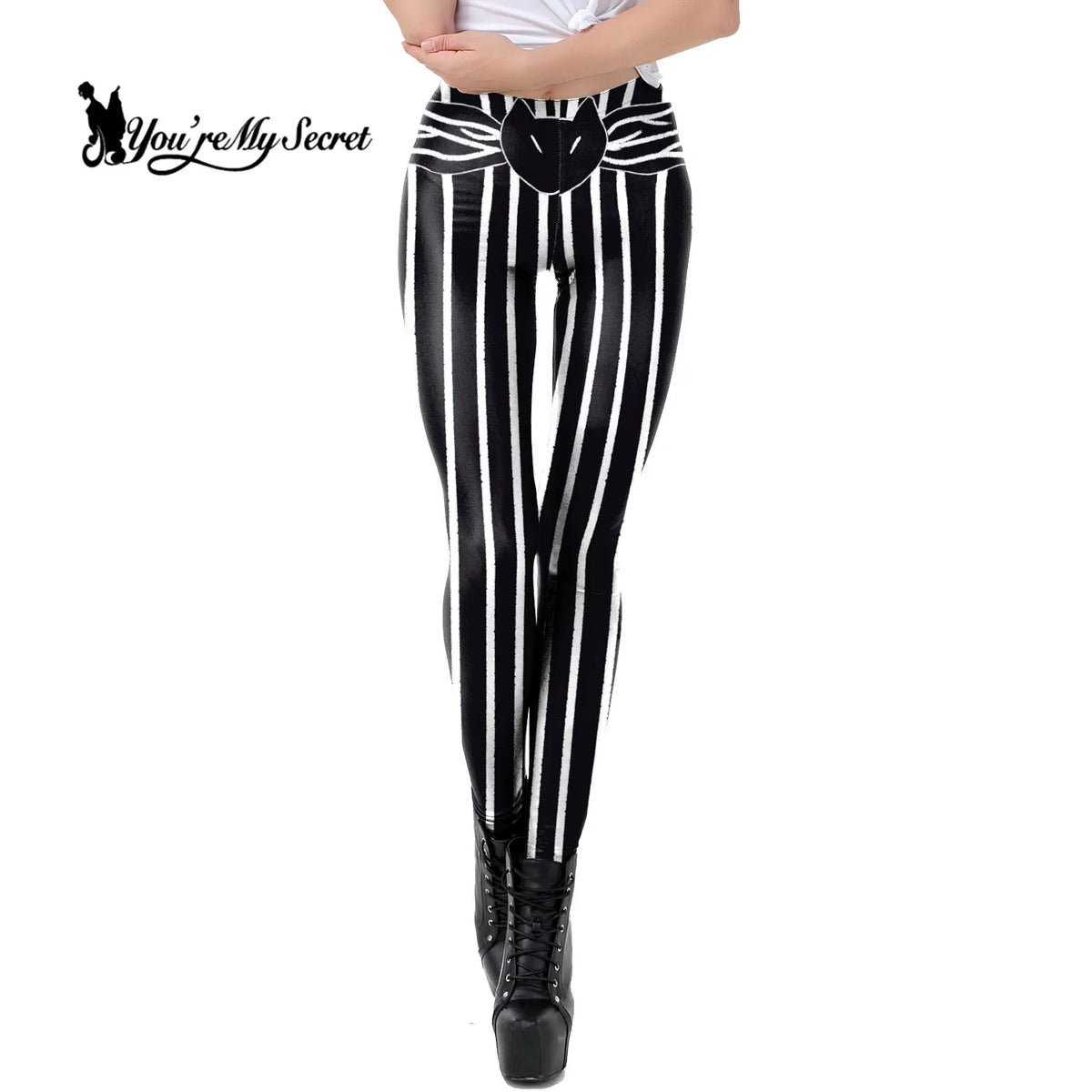 [You're My Secret] Black and White Stripes High Waist Coloring Pattern Women's Pant Halloween Soft Fabric Leggings Women Fitness