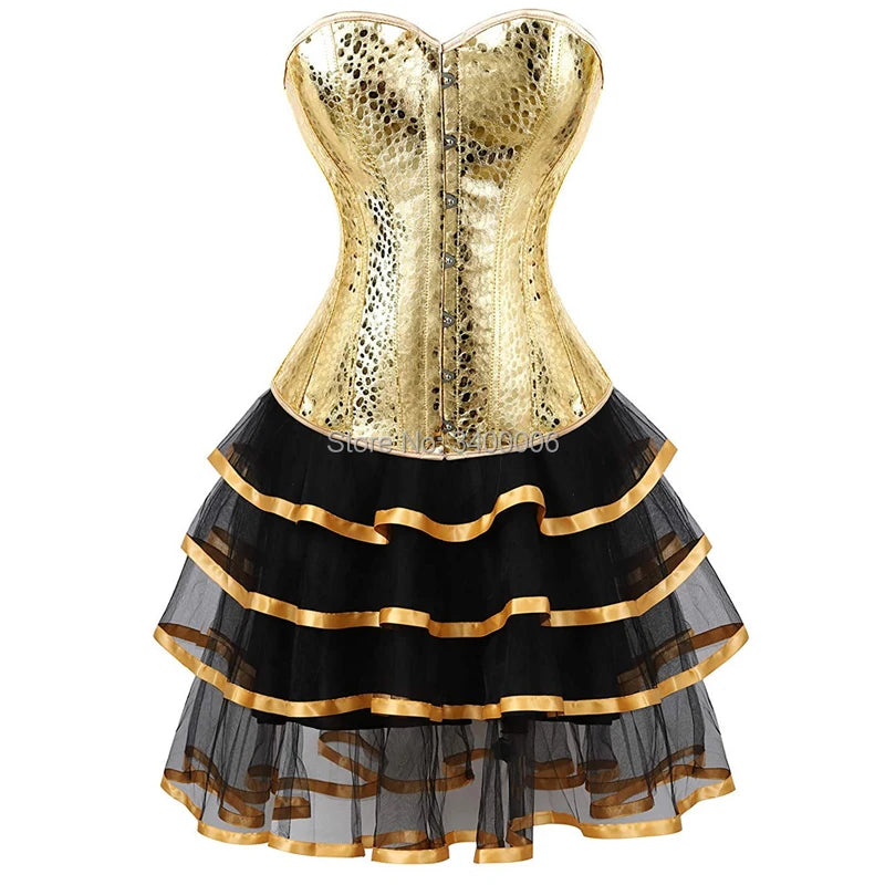 Plus Size Gold Leather Corset Bustier - Sexy Overbust Tutu Dress for Burlesque, Cosplay, Gothic Costume with Bling