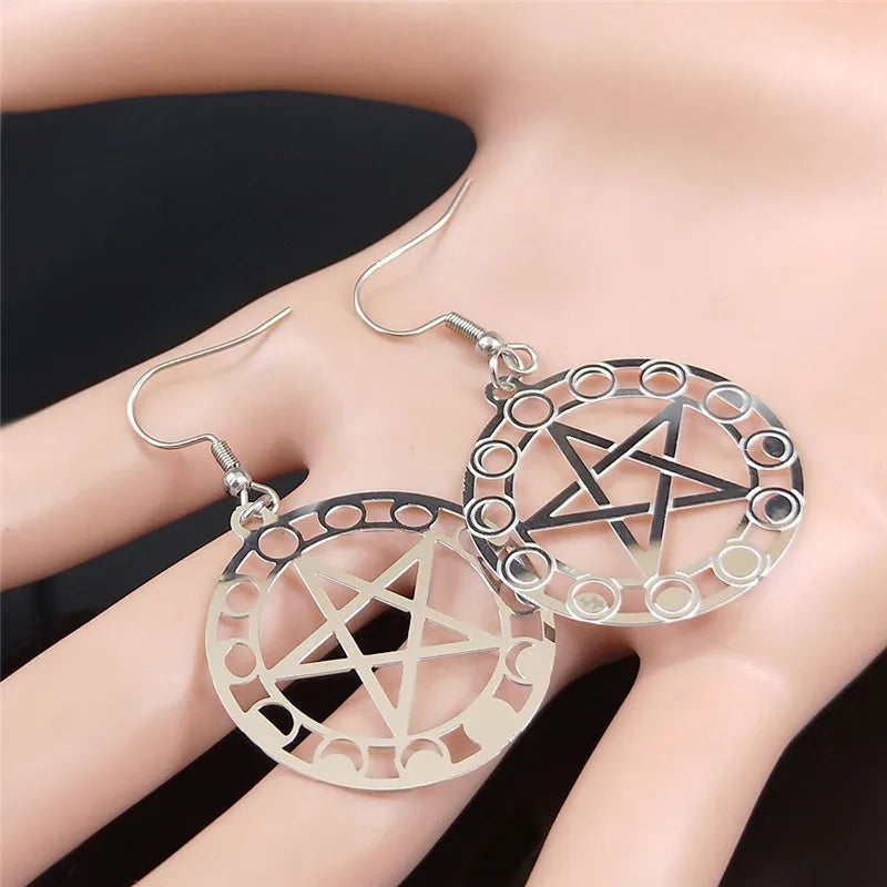 Witchcraft Pentagram Stainless Steel Drop Earrings - Moon Phase Women’s Jewelry