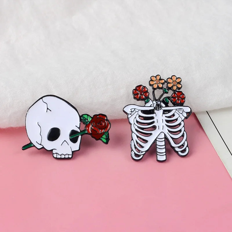 Skeleton with Flowers Enamel Pins Rib Cage and Skull with Flowers Brooch Halloween Pin Badges Goth Punk Jewelry Gift for Friends