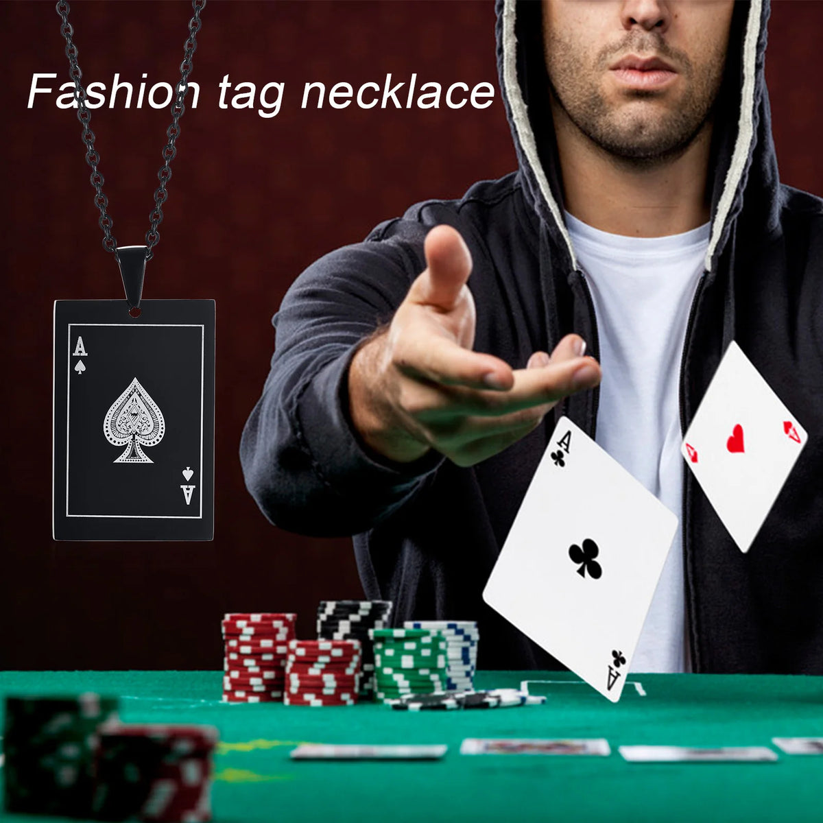 Vnox Lucky Ace of Spades Men Necklaces Jewelry,Stainless Steel Poker A Pendant,Rock Punk Casino Good Fortune Collar Accessory