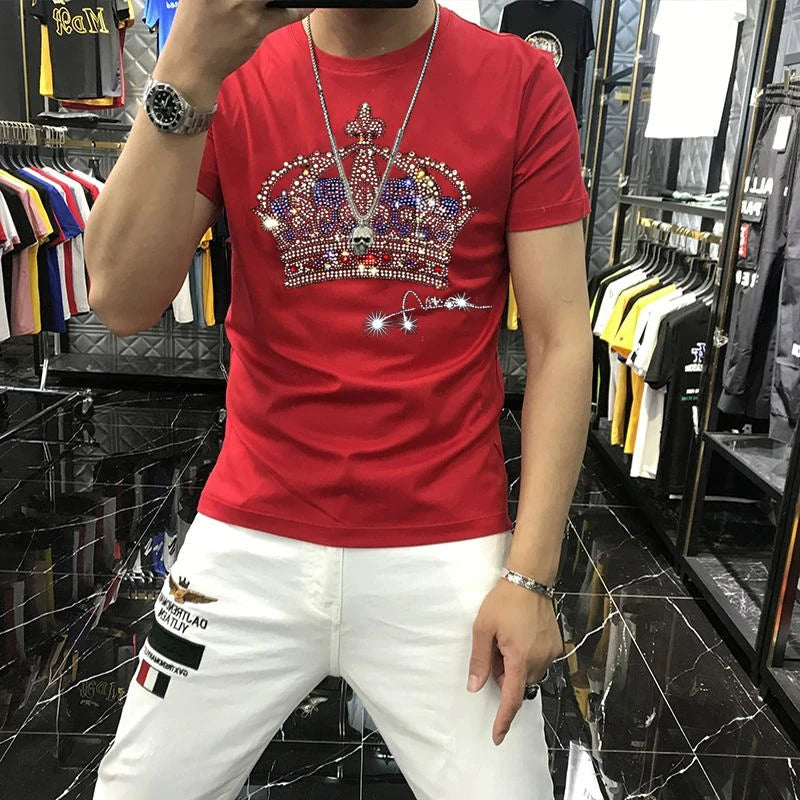 Korean Men's Handsome T-Shirt - Luxury Brand Big Crown Hot Diamond Oversized Short-Sleeve Plus Size Top