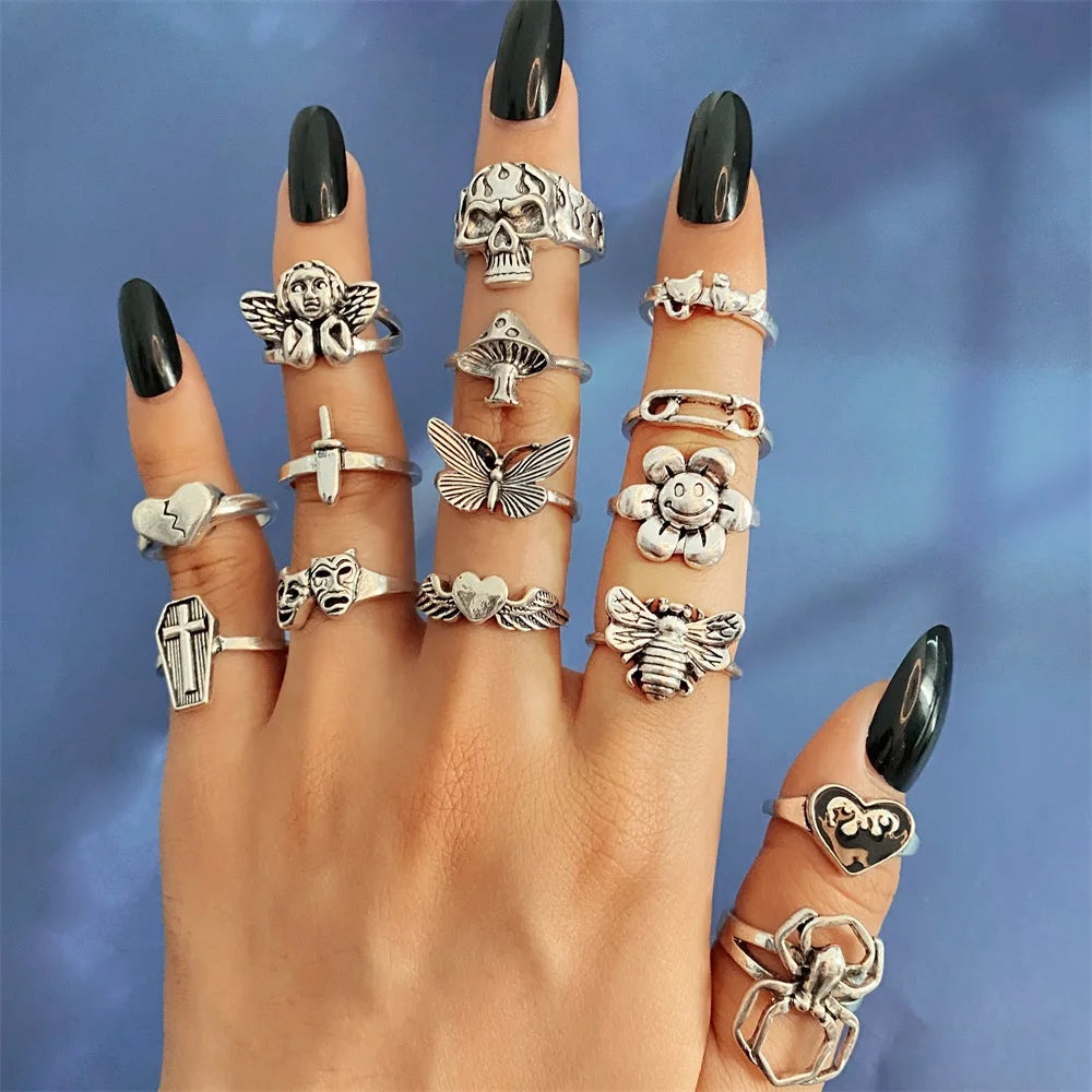 Vintage Gothic Skull Flower Angel Ring | Hip Hop Silver Butterfly Heart Finger Jewelry for Women