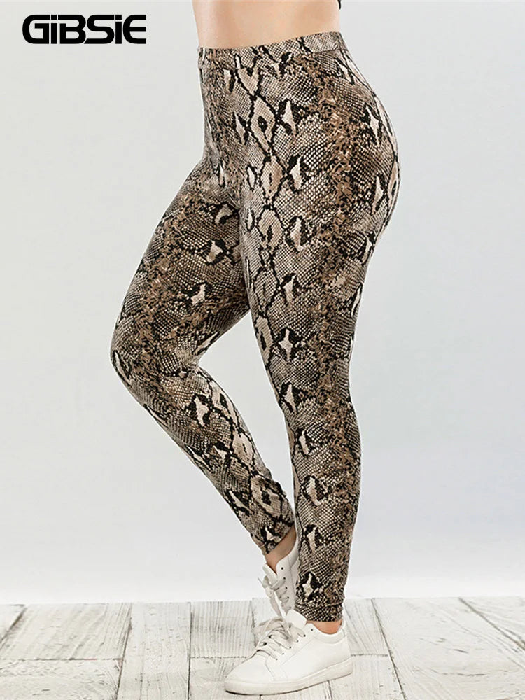 GIBSIE Plus Size Snake Print Slim Leggings - Women's Casual Streetwear High Waist Skinny Leggings for Spring/Summer