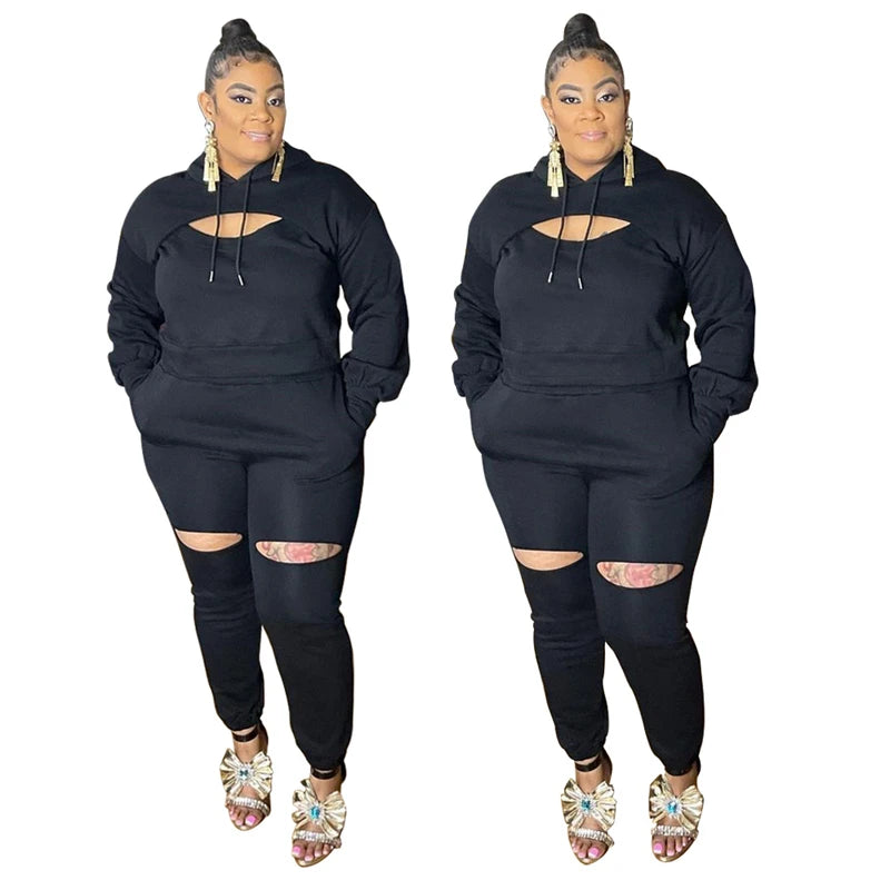 Plus Size Black Sport Set – Women’s Long Sleeve Tops and Pants Tracksuit, Ladies Jogging Suit