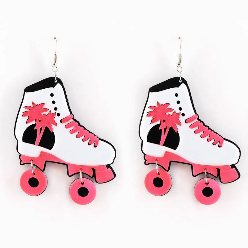 New Fashion Cute Pink Roller Skates Drop Earrings for Women - Acrylic Coconut Tree Cool Punk Roller Skates Earring Jewelry Gifts