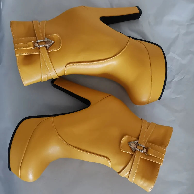 White Ankle Boots Women Platform Shoes Fashion Buckle High Heels Yellow Black Autumn Winter Women's Short Boot Large Size 44 50