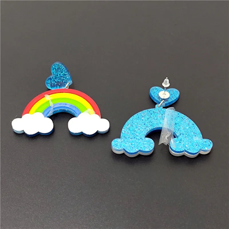 KUGUYS Rainbow & White Clouds Drop Earrings - Glitter Acrylic Cute Cartoon Gift Fashion Jewelry for Women