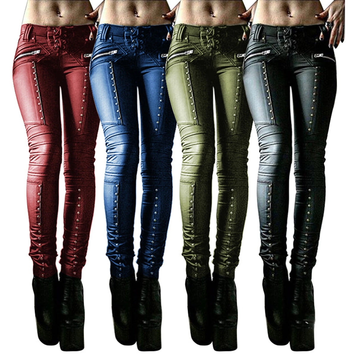 Women’s Retro PU Leather Pants – Steampunk Rivet Zipper Lace-Up Skinny Pencil Pants, Gothic Streetwear for Autumn