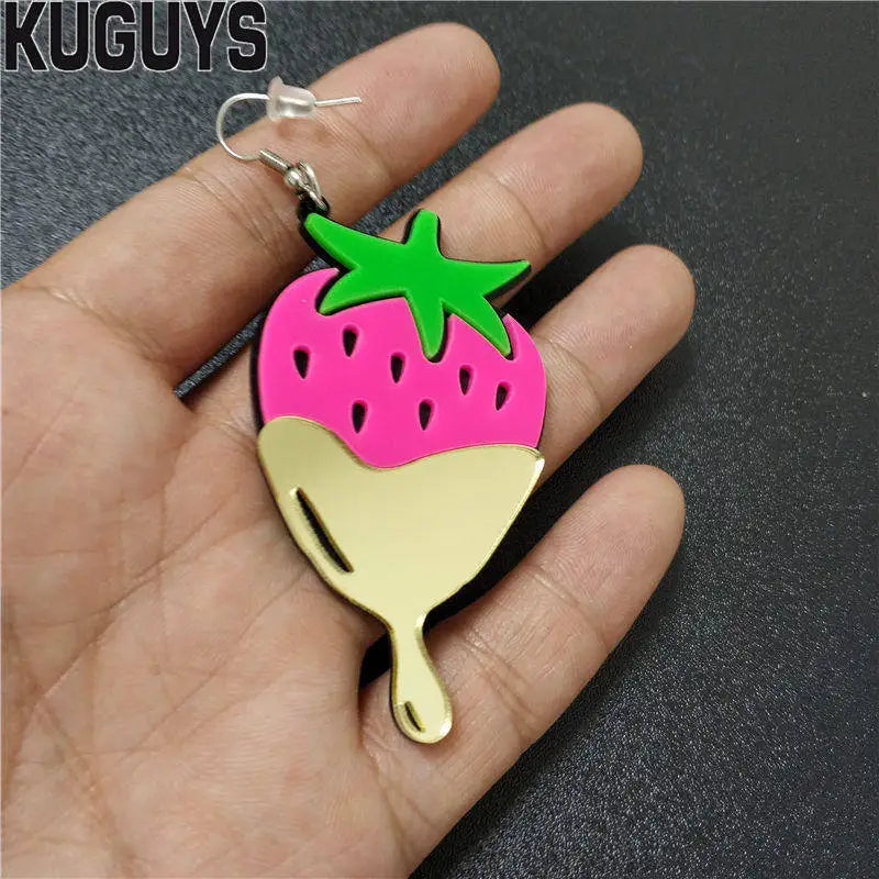 KUGUYS Cute Strawberry Acrylic Earrings | Trendy Fruit Jewelry Accessories for Women