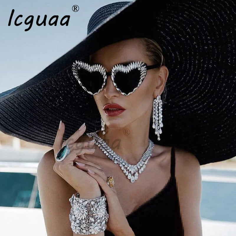 Luxury Rhinestone Heart Shaped Sexy Cat Eye Sun Glasses