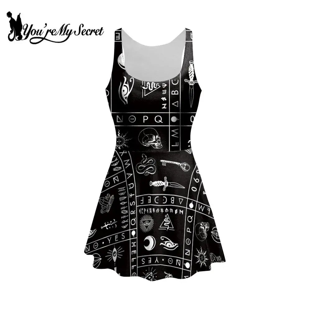 [You're My Secret] NEW Arrival Gothic Dresses Ouija Board Black Dress Witchy Pattern Knee-Length Pleated Woman Clothing Summer