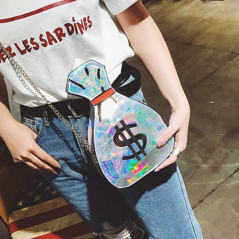 Creative Laser Purse Shape Ladies Shoulder Bag - Shaped Like a Bag of Money, New Design Chain Handbag, Flap Crossbody Messenger Bag Pouch