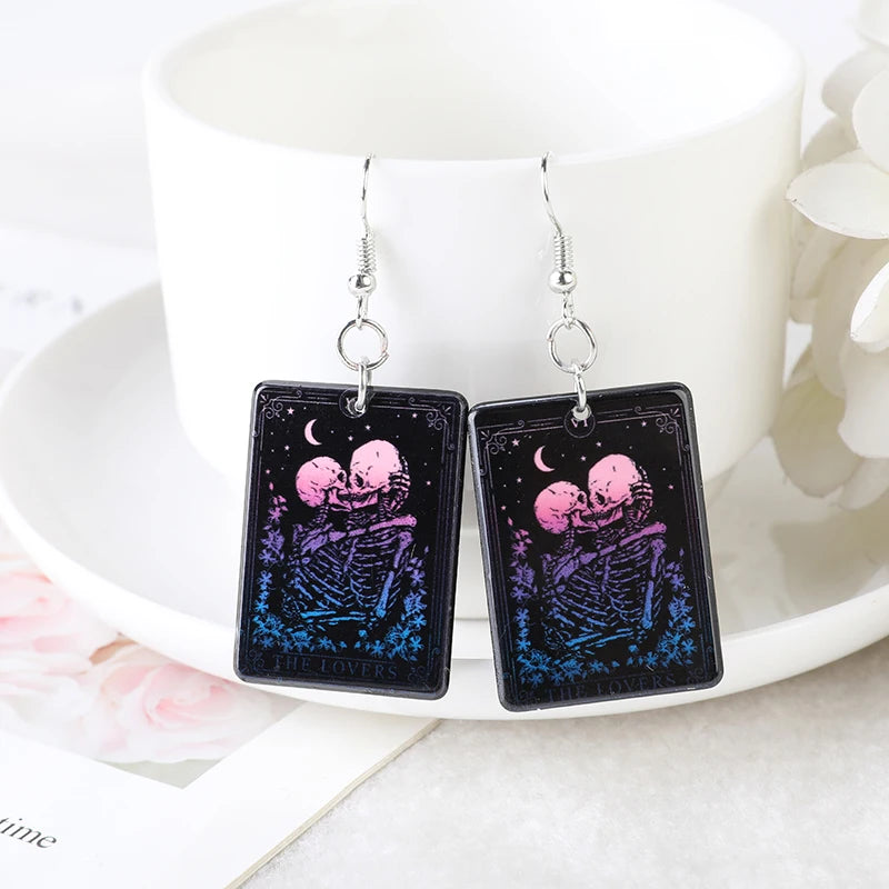 Pair of Tarot Card Dangle Earrings - Skull Lover Design, Acrylic Black, Punk Style, Magical Divination Game Jewelry - Sun Moon Crafts