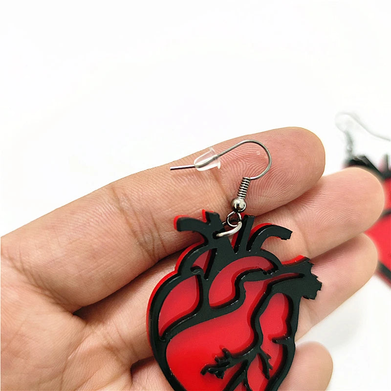 KUGUYS Hot Pink Red Heart Drop Earrings | Cute Black Blood Vessel Jewelry for Women and Girls