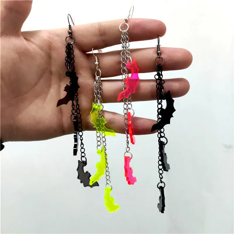 KUGUYS Gothic Long Tassel Bat Drop Earrings - Acrylic Green, Hot Pink, Clear, Black Dangle Halloween Jewelry for Women