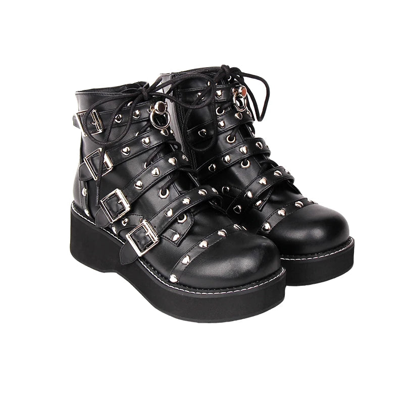 Angelic imprint handmade Women fashion motorcycle punk boots lady short Boots woman mid trifle heels pumps shoes lace up 33-47