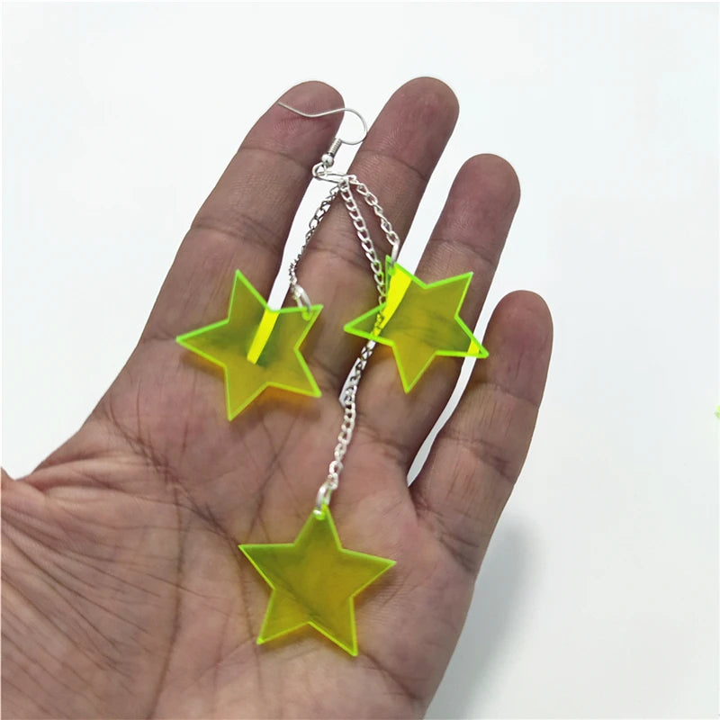 Long Tassel Dangle Earrings 11cm/4.33'' - Drop Star Neon Clear Green Acrylic, Cute Sweet Fashion Jewelry for Women