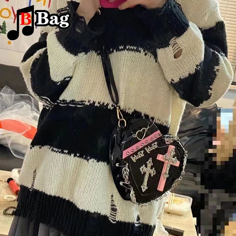 Harajuku Y2K Goth Punk Style Heart Shaped Expressive Metal Embellishment Crossbody Shoulder Handbag