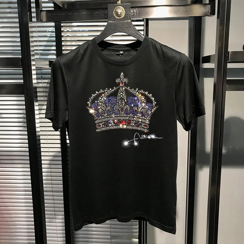 Korean Men's Handsome T-Shirt - Luxury Brand Big Crown Hot Diamond Oversized Short-Sleeve Plus Size Top