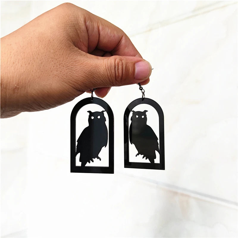 Halloween Owl Dangle Earrings | Black Acrylic Gothic Jewelry for Women