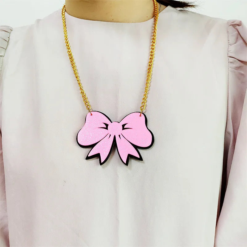 KUGUYS Glitter Pink Bow Pendant Necklace - Cute Acrylic Gold Color Chain Fashion Jewelry, Summer Accessories for Women