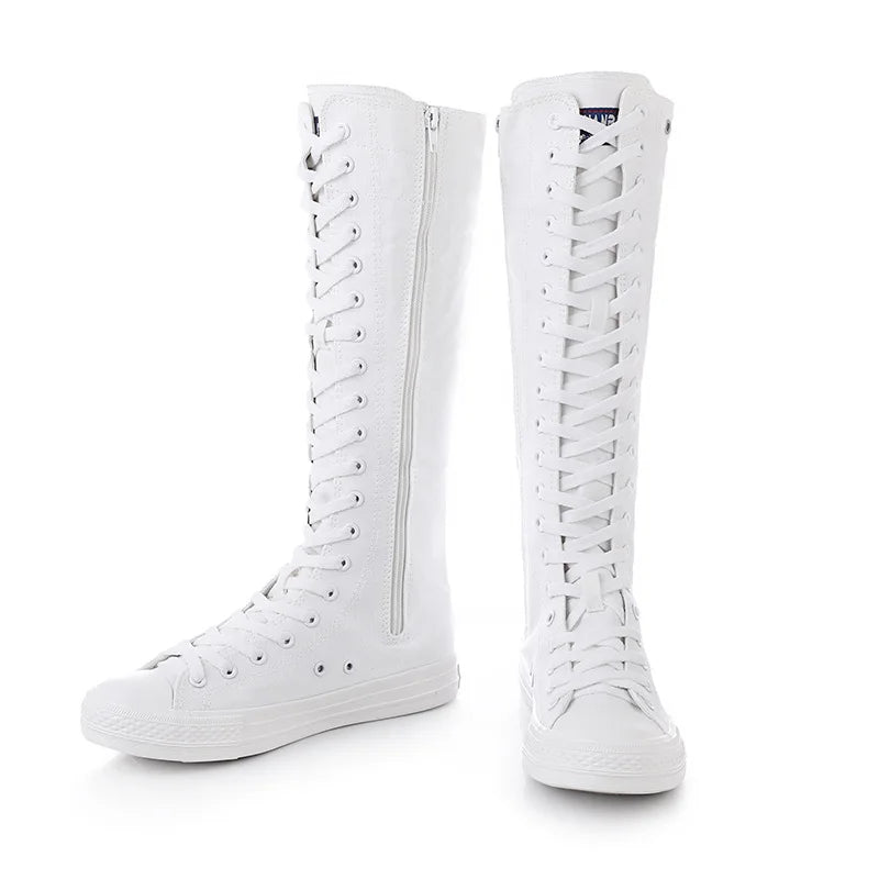 2024 High Top High Tube Hollow Canvas Shoes Autumn Breathable Hole Lace Side Zipper Dance Shoes Fashion Casual Flat Women Boots