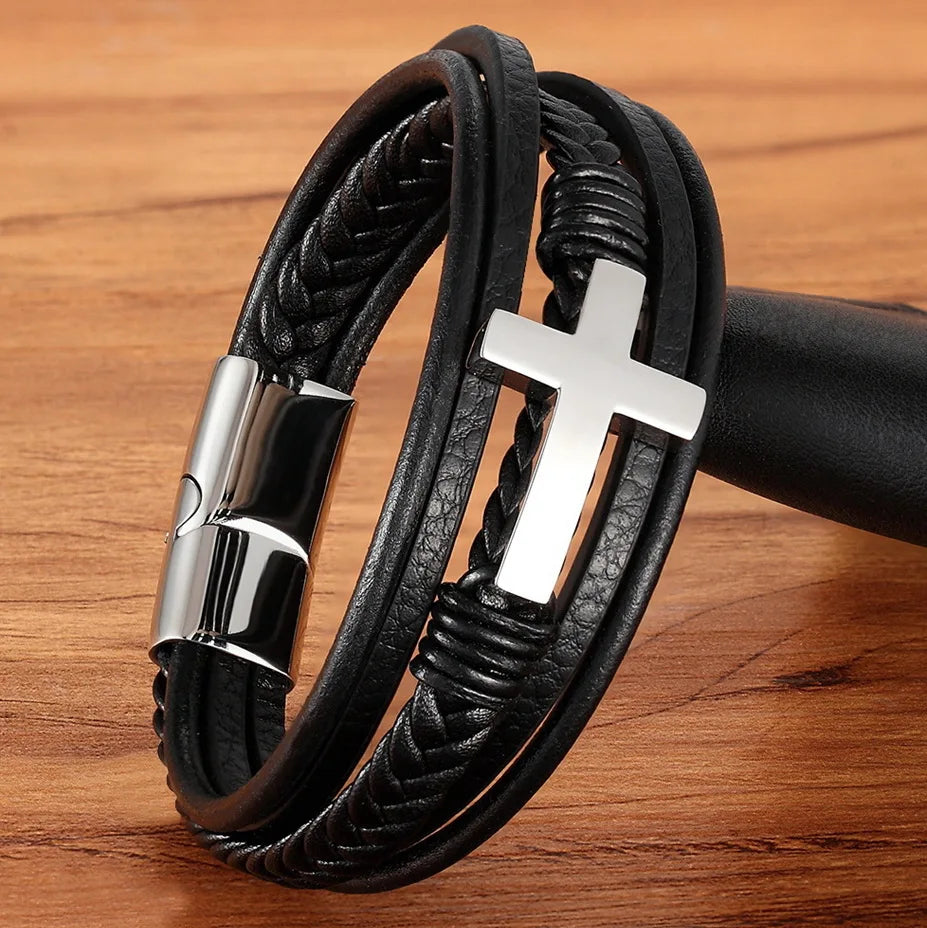 TYO Classic Style Cross Men Bracelet Multi-Layer Stainless Steel Leather Bangles Magnetic Clasp For Friend Fashion  Jewelry Gift