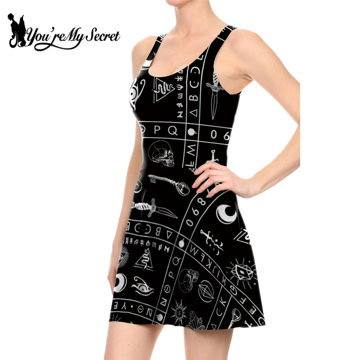 [You're My Secret] NEW Arrival Gothic Dresses Ouija Board Black Dress Witchy Pattern Knee-Length Pleated Woman Clothing Summer