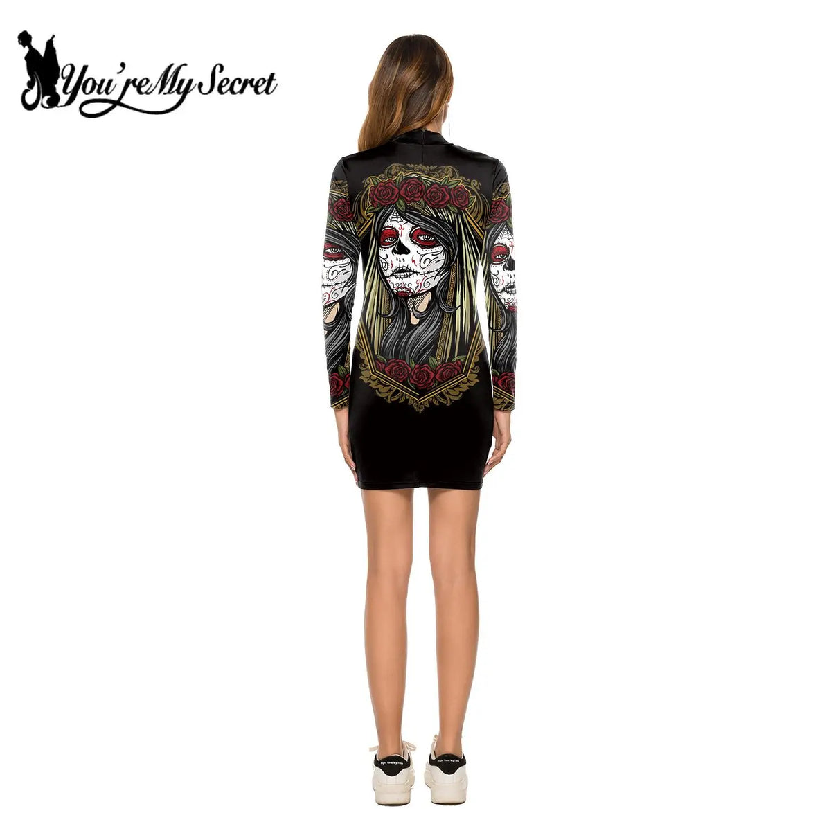 [You're My Secret] Halloween Party Dress 3D Skeleton Print Women Long Sleevele Gothic Harajuku Dress Sexy Street Ladies Clothing