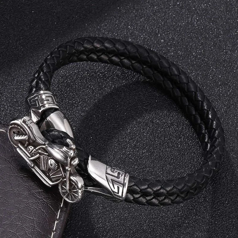 Creative Leather Woven Bracelet with Metal Motorcycle Design – Men's Punk Rock Party Jewelry Gift