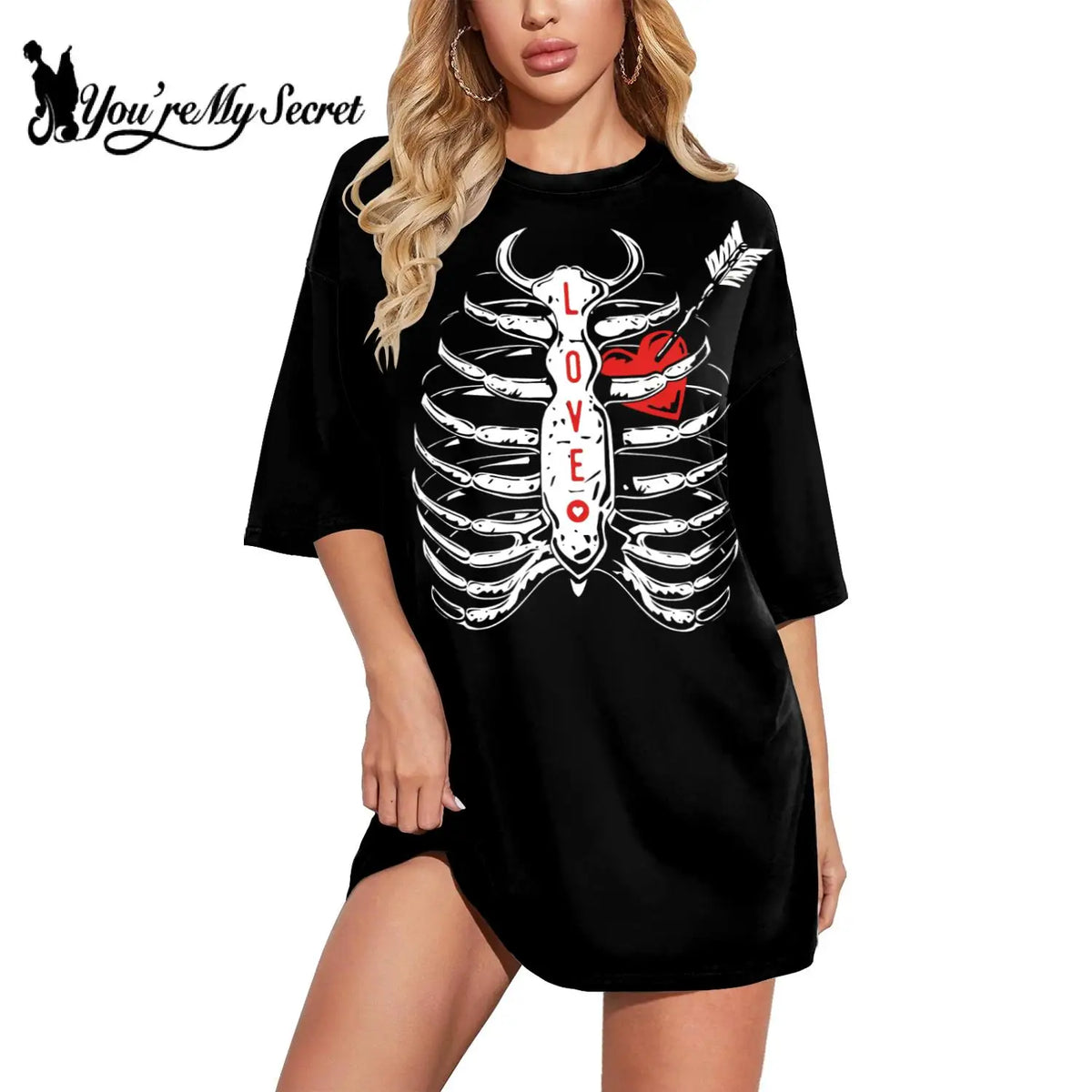 [You're My Secret] Harajuku Loose Long T-Shirts for Women Gothic Streetwear Short Sleeve Tees Skull Printed Casual Female Tops