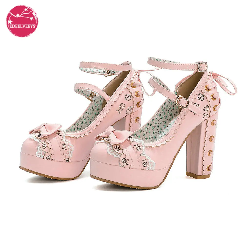 Spring Autumn Ladies Vintage Super High Heels Platform Lolita Shoes Cute Bow Lace Princess Mary Janes Party Buckle Women Pumps