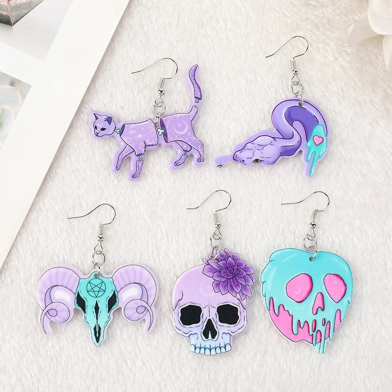 1 Pair of Fashionable Pastel Goth Halloween Snake Cat Skull Dangle Earrings - Lovely Jewelry Gift for Women's Birthday