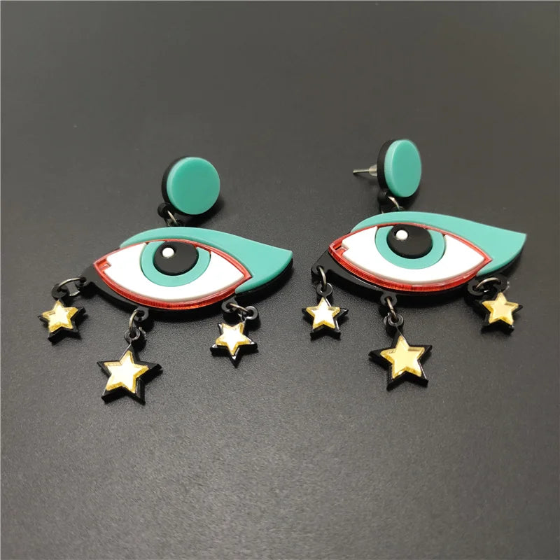 Elegant Mint Green Eyes Golden Star Drop Earrings | Mysterious Fashion Jewelry for Women