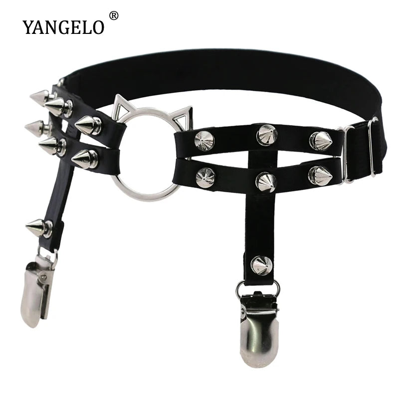 Yangelo Harajuku Gothic Cat Head Leather Handmade Rivet Leg Ring Foot Ring Garter Belt Personality Girl Punk Accessories Women