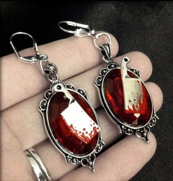 Gothic Bloody Meat Cleaver Earrings – Creepy Halloween Jewelry, Haunted Gothic Accessories