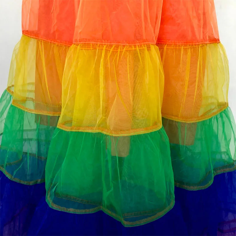 E JUE SHUNG Colorful Rainbow Petticoat – Long Organza Crinolina Rockabilly Dance Skirt