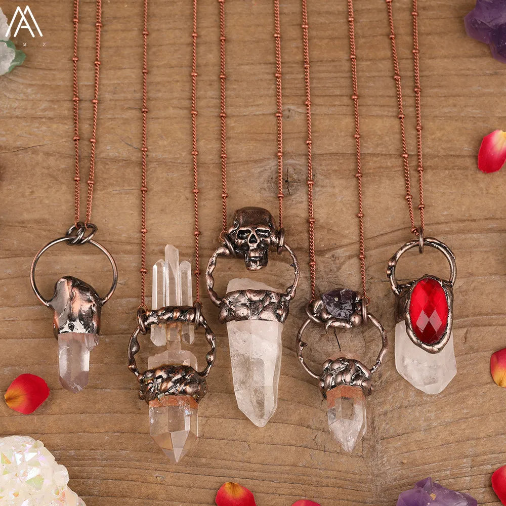 Natural White Quartz Crystal Point Pendant Healing Necklace – Unique Stone Beads and Bronze Chain Jewelry for Women