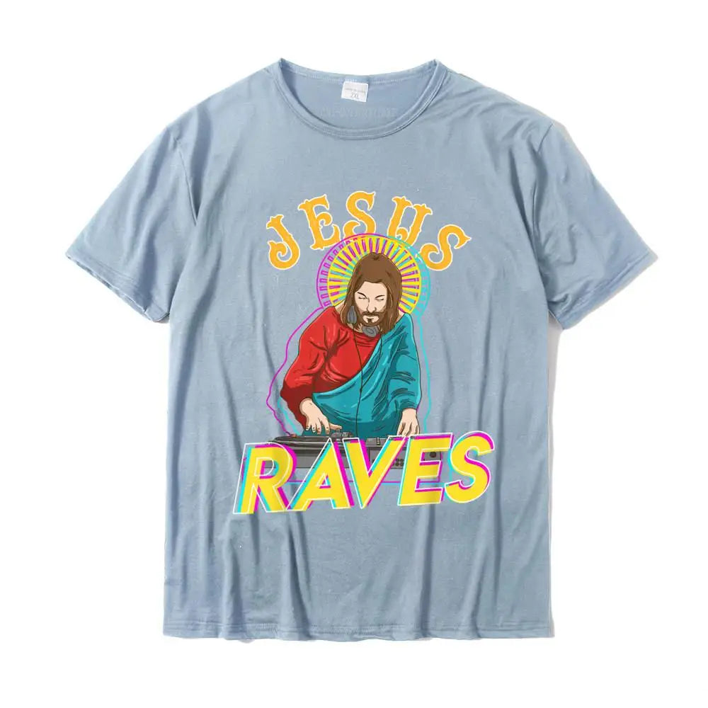 Jesus Raves Funny EDM Music Festival T-Shirt - Christian DJ Fashion Print Tee for Men, Street Style Cotton Top