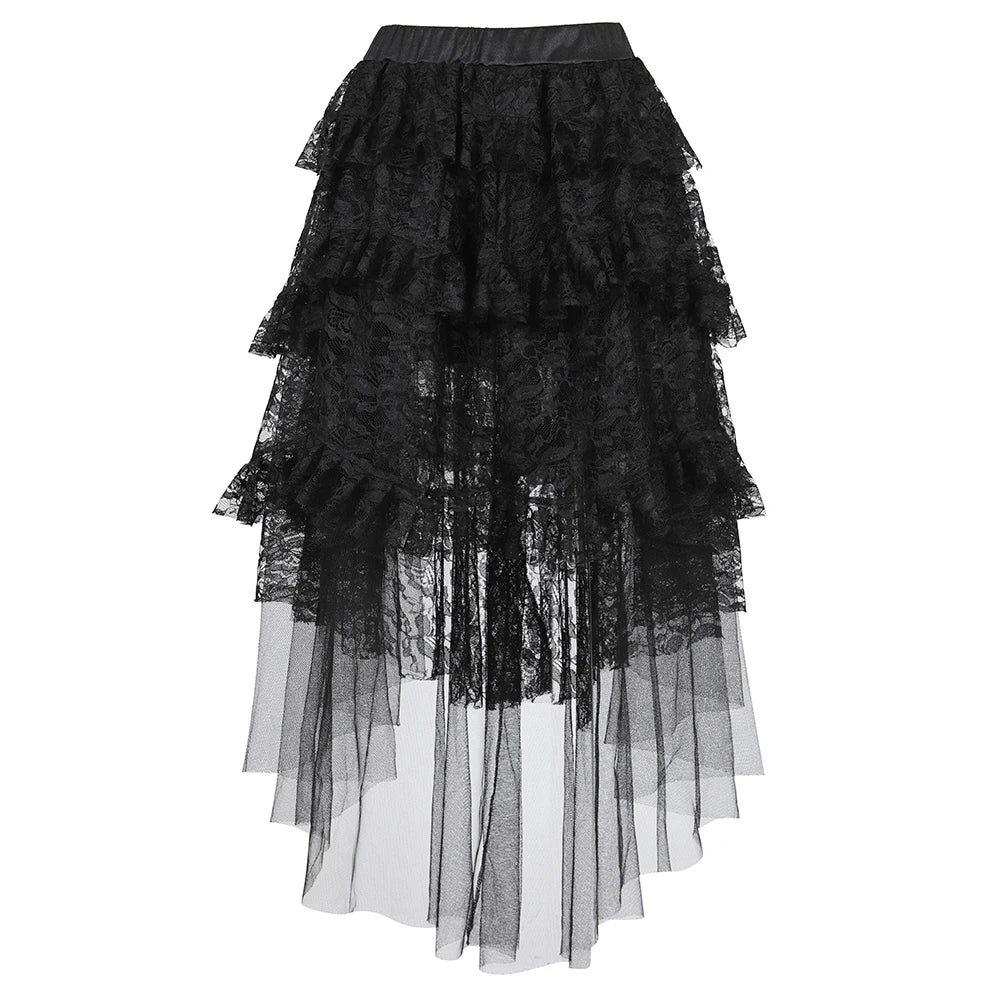 Sexy Black Lace Layered Pleated Skirt - Steampunk Asymmetrical High Low Ruffle Tulle Long Skirt, Plus Size