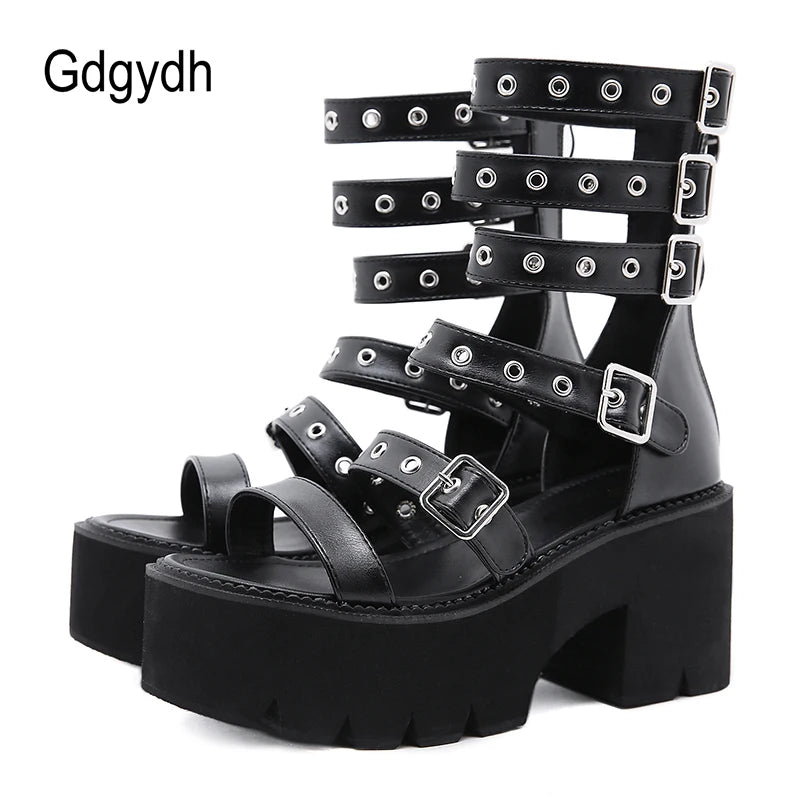 Summer Gladiator Sandals for Women - Metal Rivet Punk Streetwear with Wedge Square Heels and Platform Ankle Buckle Strap | High Quality