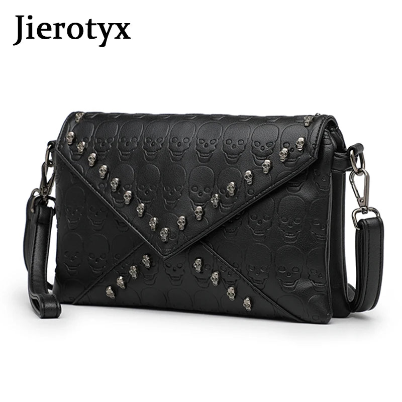 Women's Fashion Tote Skull Prints And Skull-Shaped Rivets Messenger Travel Crossbody Black Punk Handbags