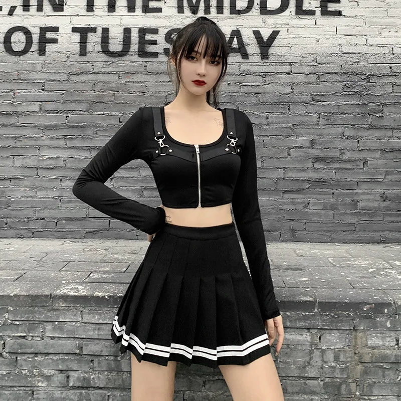 Vintage Korean Style Patchwork Skirt – Harajuku JK Black Pleated Mini Skirt, Gothic Streetwear High Waist Women’s Punk Skirt