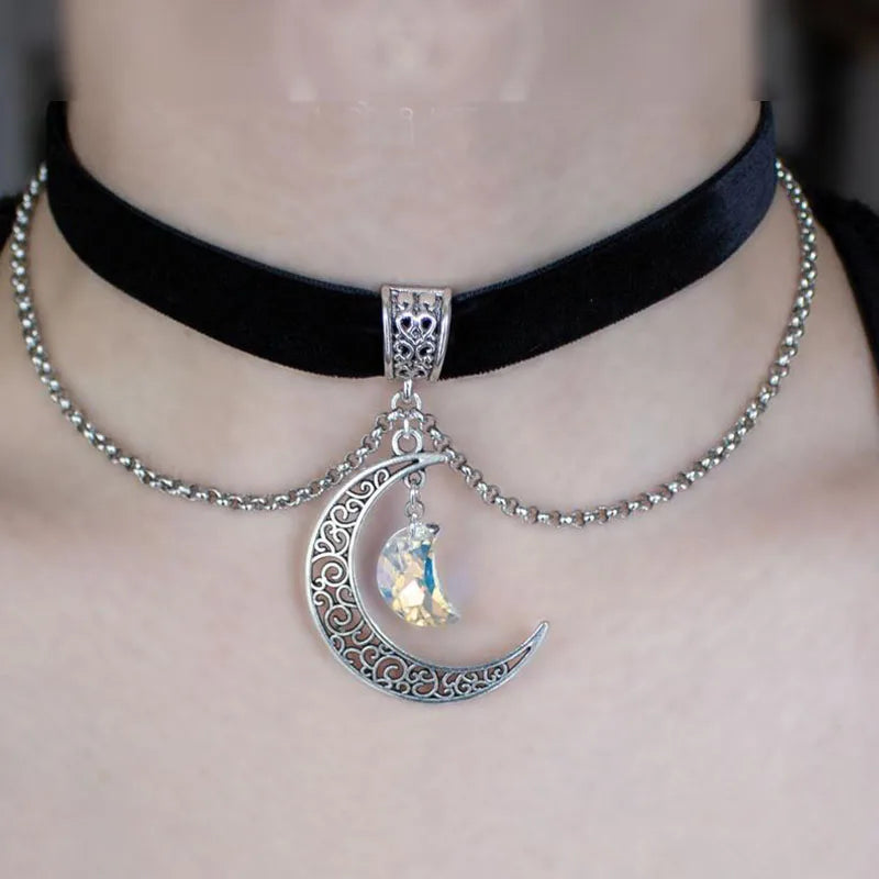 Black Velvet Crescent Moon Choker Wide Velvet Choker with Moon || Gothic Choker