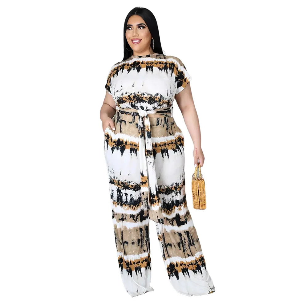 Comfortable Wide Leg Pants with Printed Lace-Up Pockets - Plus Size Sexy Outfit Two-Piece Set