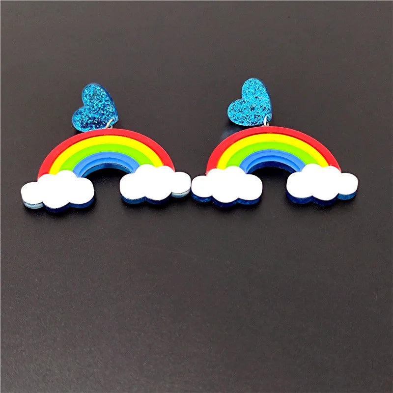 KUGUYS Rainbow & White Clouds Drop Earrings - Glitter Acrylic Cute Cartoon Gift Fashion Jewelry for Women