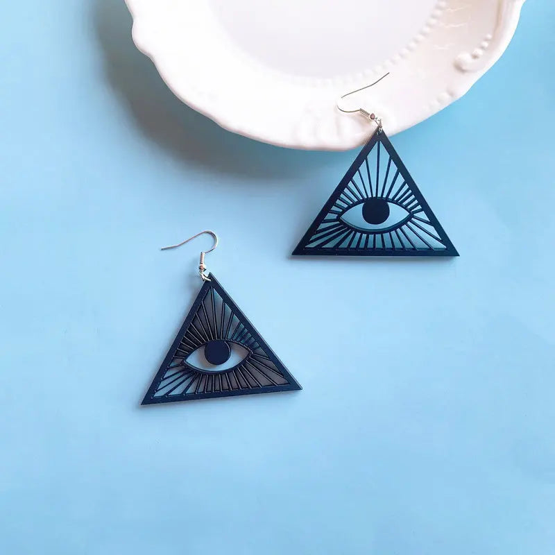 KUGUYS Big Triangle Drop Earrings - Women’s Hollow Out Omniscient Eyes Black Acrylic Geometric Jewelry, Statement Accessories